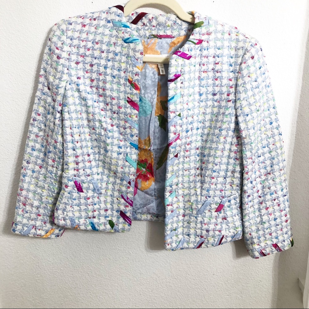 Escada Blue White Tweed Ribbon Blazer